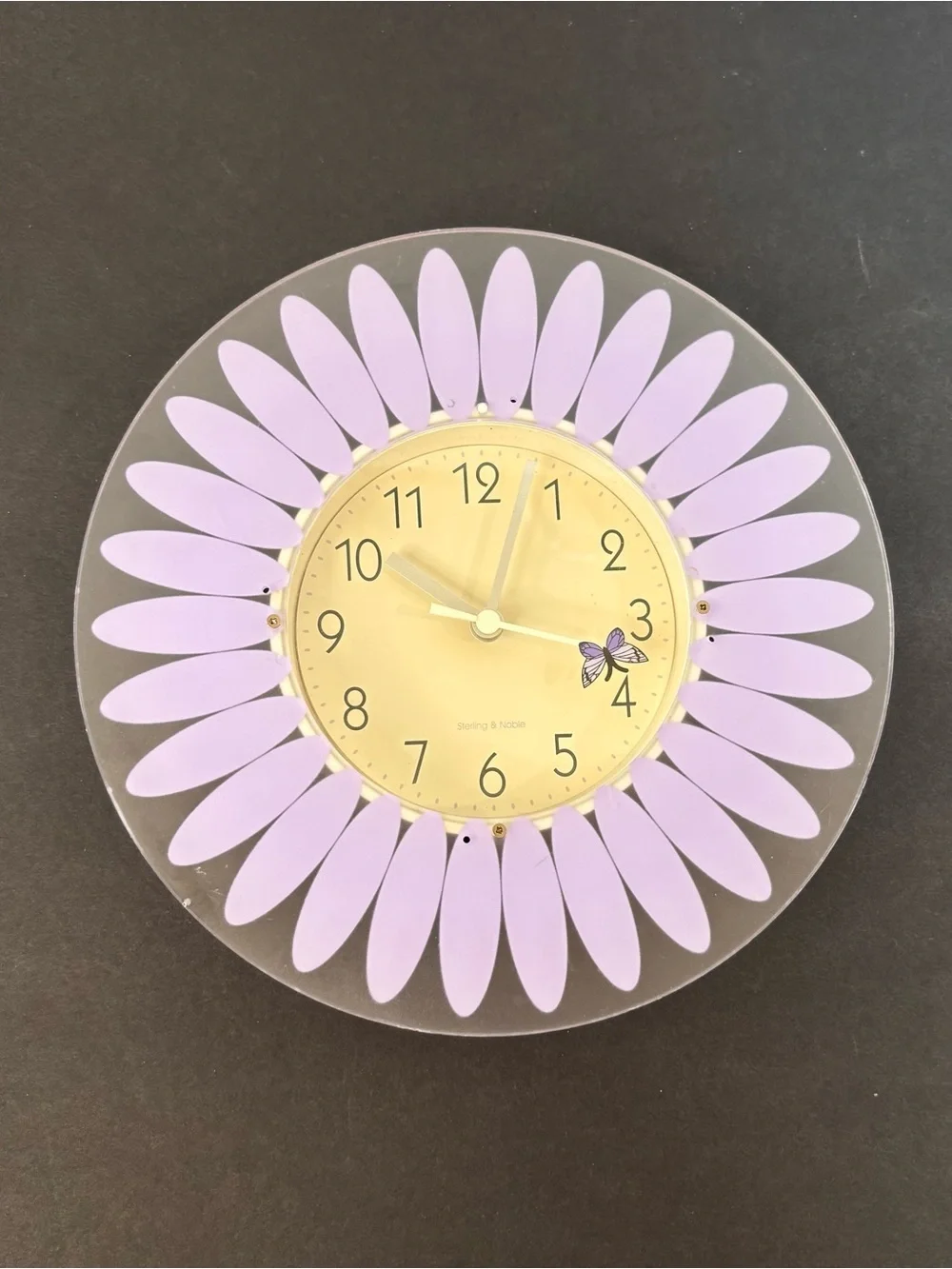 Sterling & Noble Purple Flower Wall Clock Butterfly Hand Arabic Analog WORKS